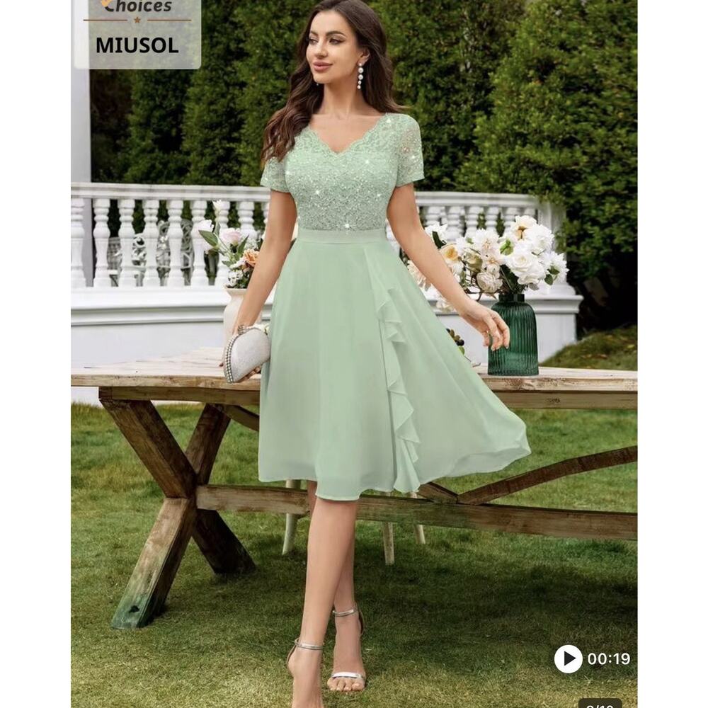 MIUSOL Green Lace Sequin V-Neck Short Sleeve A-Line Knee Dress Size XL - Picture 4 of 5